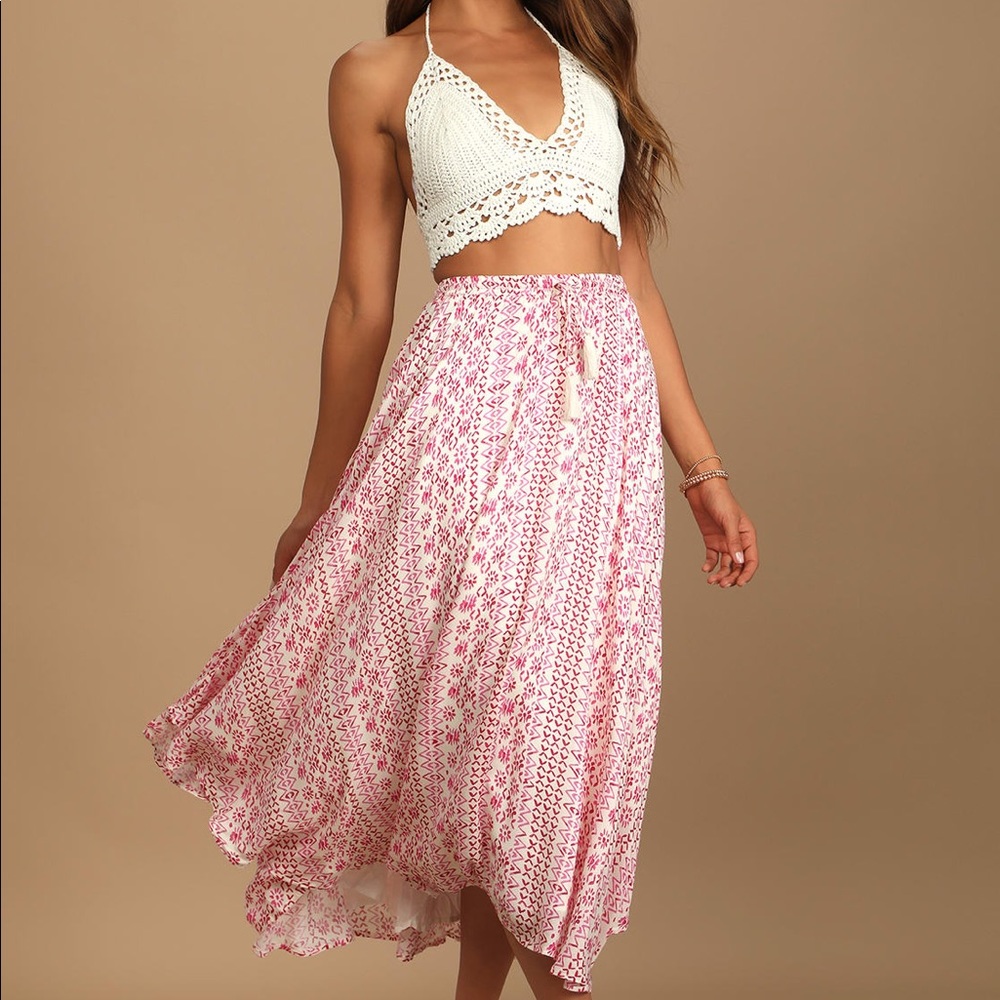 Ivory Multi Print Drawstring Midi Skirt